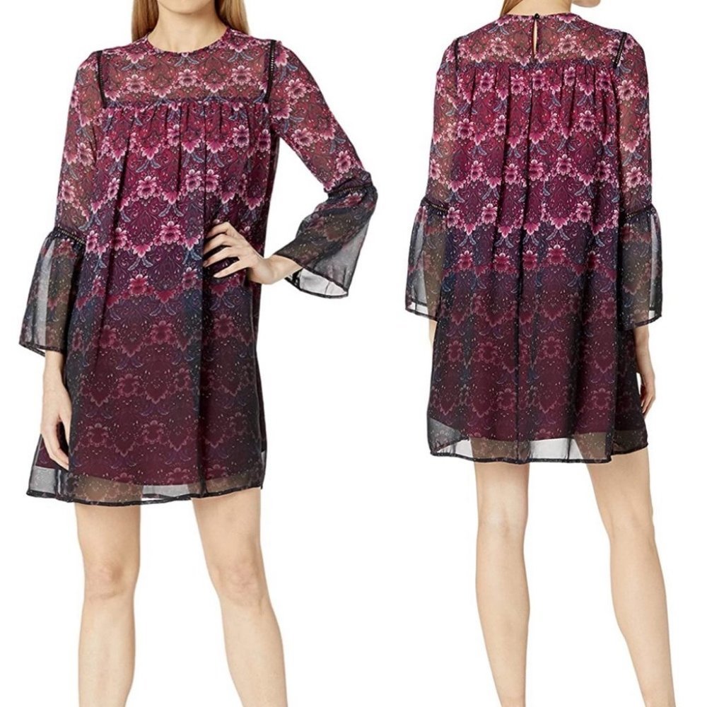 Nanette Lepore Floral Print Shift Dress Bell Size 2 Purple Bohemian Shift Boho